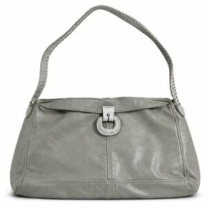 Gray Leather Shoulder Bag – Braided Strap Silver Ring Accent Medium
